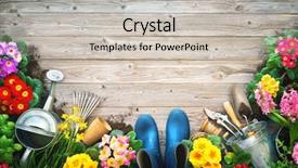  Presentation with gardening tools on fertile soil - Amazing PPT layouts having water hyacinth - gardening tools and spring flowers backdrop and a soft green colored foreground