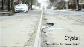  Presentation with cracked pavement concrete broken road - PPT layouts consisting of broken asphalt road close up background and a light gray colored foreground