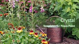  Presentation with metal bronze - Audience pleasing PPT theme consisting of water irrigation sprinklers - bronze metal watering can backdrop and a tawny brown colored foreground