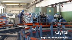  Presentation with steel factory - Amazing presentation design having water jet cutting process - machine for welding steel pipes backdrop and a ocean colored foreground