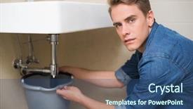  Presentation with drain - Slide set featuring water leak - portrait of handsome plumber repairing background and a ocean colored foreground