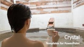  Presentation with hot spring - Presentation design consisting of water mineral bath - rear view of asian mature background and a coral colored foreground