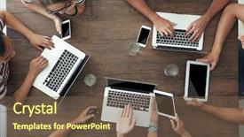 Presentation with water network - Colorful PPT theme enhanced with water network - people with gadgets at wooden backdrop and a tawny brown colored foreground