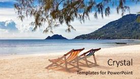  Presentation with business near shoring - Slide deck featuring water ocean - two sun beach chairs background and a coral colored foreground