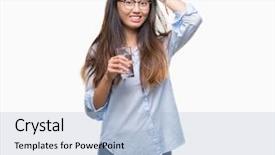  Presentation with child drinking water from glass - Colorful presentation theme enhanced with water over isolated background stress backdrop and a light blue colored foreground