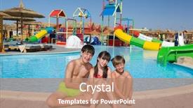  Presentation with poor children educaion - PPT theme consisting of water park slides - children playing in pool background and a coral colored foreground