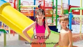  Presentation with children playing - Audience pleasing slides consisting of water park slides - children playing in pool backdrop and a yellow colored foreground