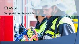  Presentation with fire fighters - Colorful theme enhanced with water pipe - fire fighters checking the hoses backdrop and a sky blue colored foreground