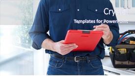  Presentation with water pipe - Slides with water pipe - plumber hands with clipboard background and a ocean colored foreground
