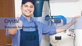  Presentation with plumber - Amazing slide set having water pipe - young plumber with thumbs up backdrop and a teal colored foreground