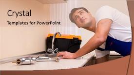  Presentation with water pipe - Theme having water pipe - young repairman working background and a coral colored foreground