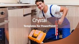  Presentation with young students working in groups - PPT layouts with water pipe - young repairman working background and a coral colored foreground