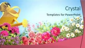  Presentation with garden - Beautiful slide set featuring water plant - watering flowers in garden centre backdrop and a cool aqua colored foreground