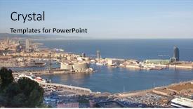  Presentation with view of the old port - Beautiful theme featuring water pollution oil spill - panoramic view of barcelona backdrop and a light blue colored foreground