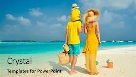  Presentation with family dreams of vacation - Colorful presentation design enhanced with water polo - family on beach young couple backdrop and a lemonade colored foreground