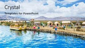  Presentation with boat - PPT layouts having water reed - totora boat on the titicaca background and a light blue colored foreground