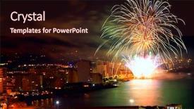  Presentation with colorful teeth movable - PPT theme having water rocket - colorful fireworks over the sea background and a wine colored foreground