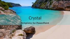  Presentation with turquoise - Audience pleasing PPT theme consisting of water rocks - cala macarelleta in ciutadella menorca backdrop and a teal colored foreground
