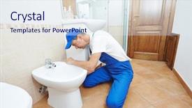  Presentation with plumber - Cool new presentation with water sanitation - plumber worker working with spanner backdrop and a sky blue colored foreground