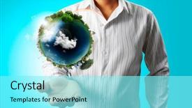  Presentation with cutout paper people standing around globe holding hands - Cool new slides with water save - holding a glowing earth globe backdrop and a arctic colored foreground