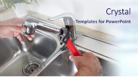  Presentation with home wrench screwdriver - Presentation design consisting of water spigot - plumber with wrench background and a  colored foreground