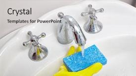  Presentation with cleaning agents - Audience pleasing PPT layouts consisting of water spigot - sink cleaning backdrop and a  colored foreground