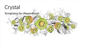  Presentation with kiwi - Presentation theme having pieces of kiwi in water splash and ice cubes isolated on white background background and a white colored foreground