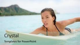  Presentation with waikiki beach - Audience pleasing PPT theme consisting of water sports lifestyle on hawaii backdrop and a mint green colored foreground