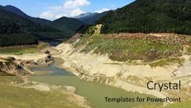  Presentation with dam construction - Slides with construction water supply - dry dam lake background and a yellow colored foreground