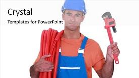  Presentation with plumber - Audience pleasing slide set consisting of water supply pipe - plumber with a tool backdrop and a white colored foreground