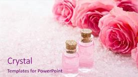 Presentation with pink rose - Presentation design featuring water treatment space - two bottles with rose oil background and a lemonade colored foreground