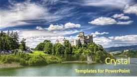  Presentation with medieval iron doors stone castle - Presentation theme enhanced with water trees - medieval dunajec castle in poland background and a  colored foreground