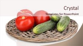  Presentation with ripe golden potato on white - Slides enhanced with water twisting garden - ripe cucumbers and tomatoes isolated background and a  colored foreground