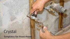  Presentation with plumbers tools and plumbing material - Presentation theme enhanced with water valve - plumbers hands using a wrench background and a coral colored foreground