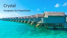  Presentation with calm sea - Slide set having water villas over calm sea in tropical maldives island background and a cyan colored foreground