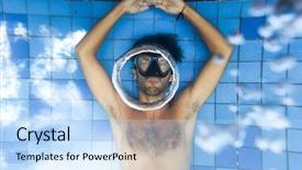  Presentation with egyptian man in make up - PPT theme featuring water vortex - man making bubble rings underwater background and a  colored foreground
