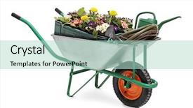  Presentation with gardening - Slide deck featuring water wheel - studio shot of a wheelbarrow background and a mint green colored foreground