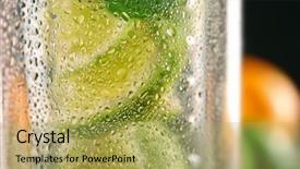  Presentation with many bubbles in water close - Beautiful theme featuring water with lime in bottle backdrop and a yellow colored foreground