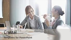  Presentation with lunch - Audience pleasing PPT theme consisting of water works - smiling young businesswomen having lunch backdrop and a light gray colored foreground
