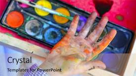  Presentation with children painting - Beautiful PPT theme featuring watercolor brush self dirty hands backdrop and a coral colored foreground