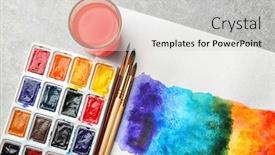  Presentation with watercolor - Colorful presentation design enhanced with watercolor painting of rainbow on grey background closeup backdrop and a light gray colored foreground