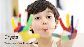  Presentation with colorful hand prints - Audience pleasing slide deck consisting of watercolour painting - little boy with hands painted backdrop and a lemonade colored foreground