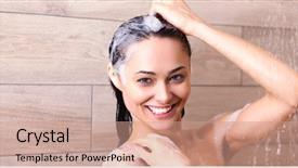  Presentation with bathroom - Presentation theme consisting of waterdrops - young beautyful woman under shower background and a  colored foreground