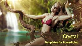  Presentation with jetty on a tropical - Slide deck with waterfall model - vacation beautiful young woman background and a tawny brown colored foreground