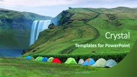  Presentation with camping - Slide deck consisting of waterfall on skoga river iceland background and a forest green colored foreground