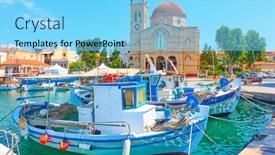  Presentation with church - PPT layouts with waterfront-with-ekklisia-isodia-theotokou background and a light blue colored foreground