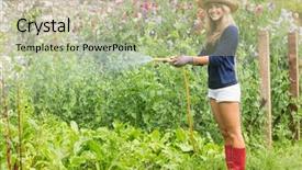 Presentation with home gardening - Slides featuring watering gardens - cute blonde gardening on sunny background and a mint green colored foreground