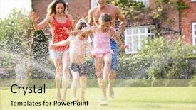  Presentation with running - Colorful slides enhanced with watering gardens - family running through garden sprinkler backdrop and a blonde colored foreground