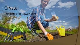  Presentation with soybean seed soy field seeding - Beautiful presentation design featuring watering gardens - image of young female sowing backdrop and a teal colored foreground