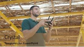  Presentation with remote - Audience pleasing presentation theme consisting of watering robot - man operating drone with remote backdrop and a coral colored foreground